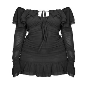 NWT PrettyLittleThing Plus US12 Black Ruffle Shift Dress Mesh Bodycon Fairy Goth